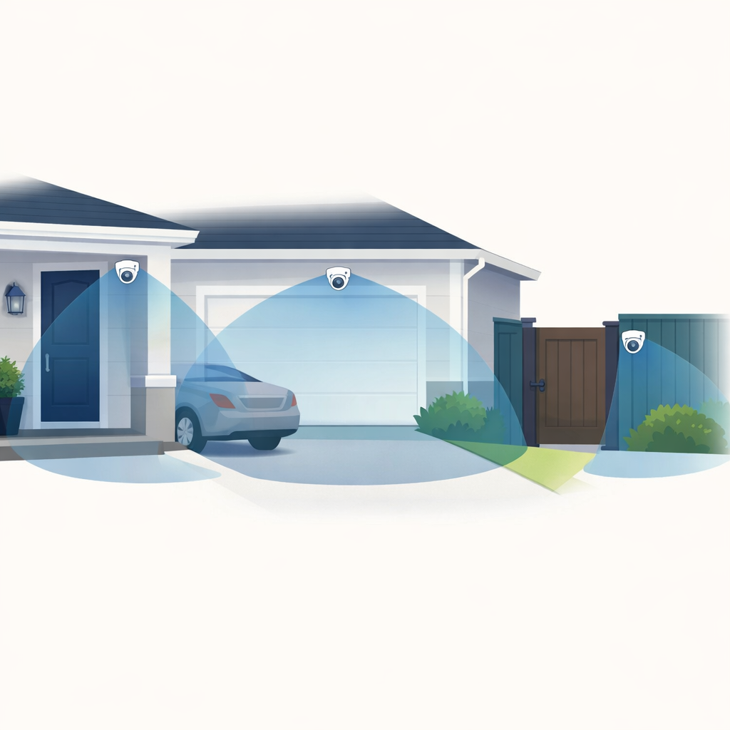 A clean semirealistic illustration of a house corner showing recommended security coverage a porch area driveway and side gate with subtle camera icon-1