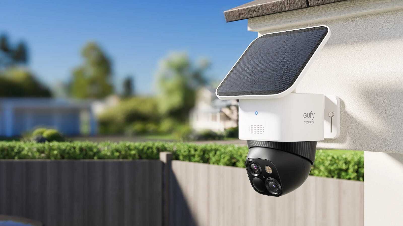 eufy SoloCam S340 solar security camera mounted on a house wall, recording locally with no subscription