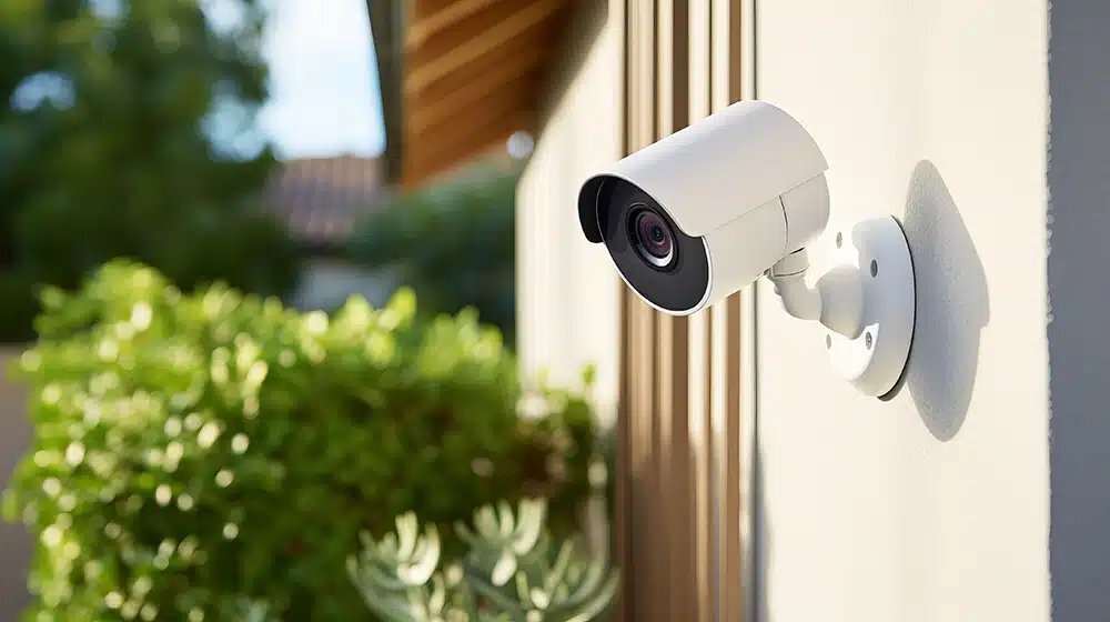 White wireless security camera mounted on a house wall